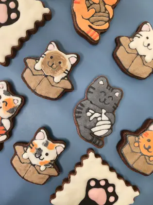 Cinco bolachas em forma de gato a brincar com um novelo decoradas em glacê real. - Bolos de aniversário no Porto | Bento Cakes, Cake Design, Bolachas e Cupcakes | Porto | Sahri Dessert Art